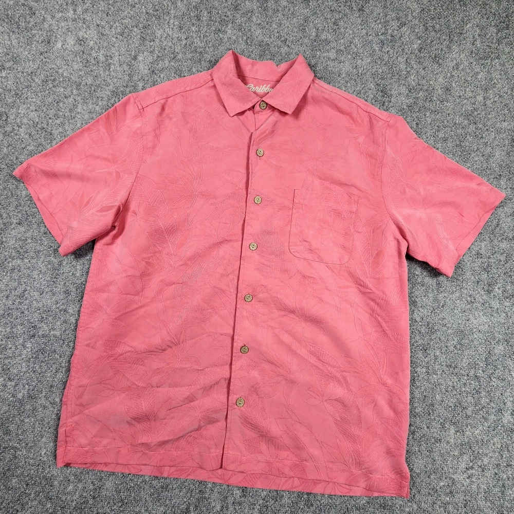 Caribbean Mens Large Pink Tropical Leaf Jacquard Modal Blend Camp Shirt L - Picture 1 of 6